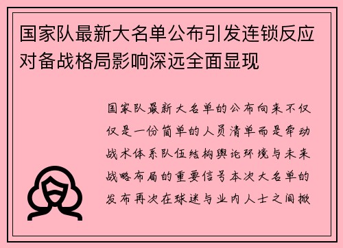 国家队最新大名单公布引发连锁反应对备战格局影响深远全面显现 国家队最新大名单公布引发连锁反应对备战格局影响深远全面显现